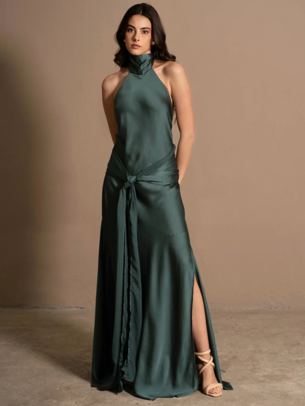 Halter Neck Teal Maxi Dress with Waist Tie